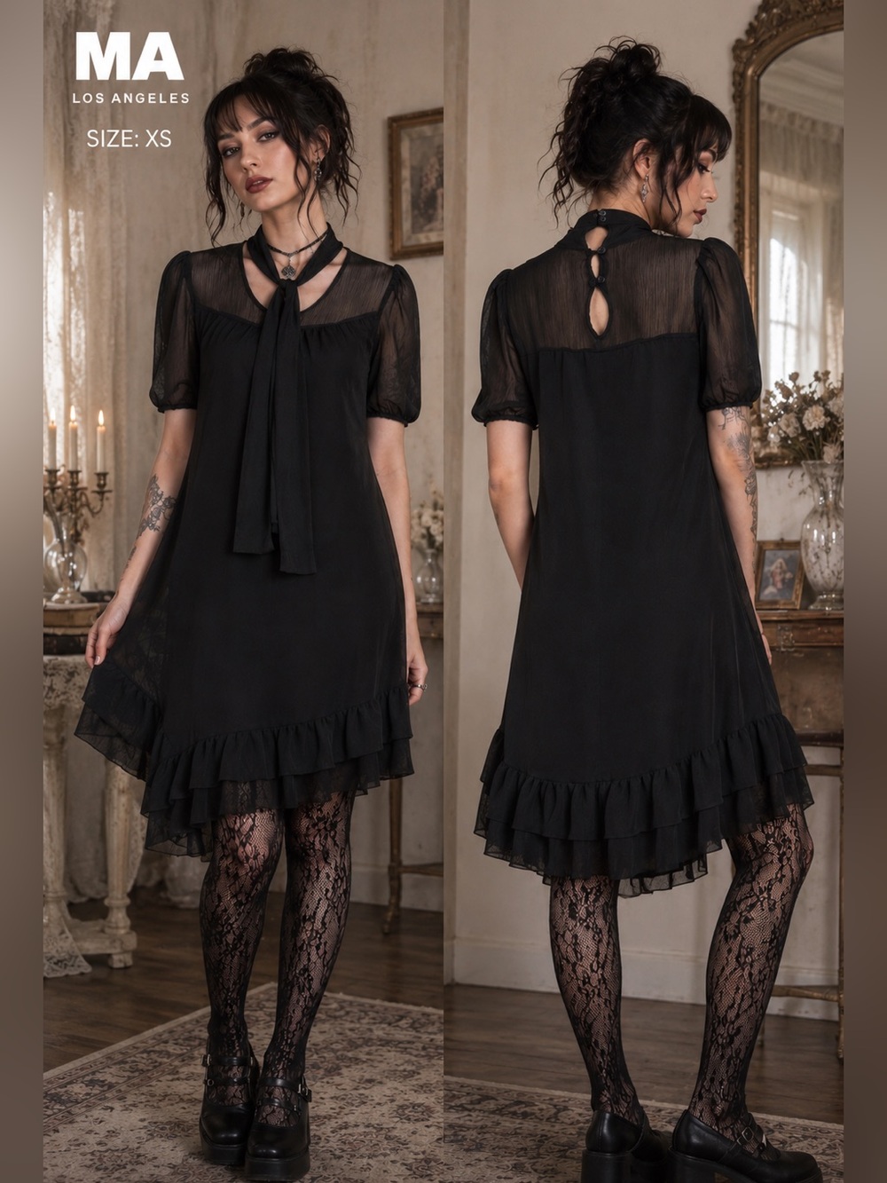 MA Los Angeles Black Sheer Ruffle Hem Dress Womens sz XS Whimsigoth moody witchy